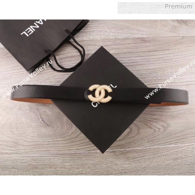 Chanel Width 3cm Smooth Leather Belt with Small Pearls CC Buckle Black 2020 (99-20050465)