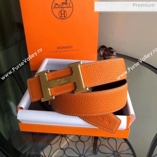 Hermes Width 3.8cm Grainy Calfskin Belt With H Buckle Orange/Black 2020 (99-20050509)