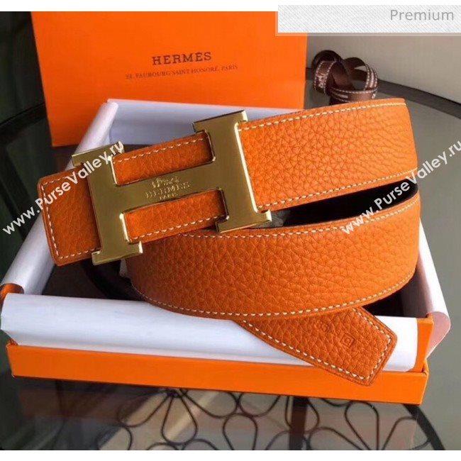 Hermes Width 3.8cm Grainy Calfskin Belt With H Buckle Orange/Black 2020 (99-20050509)