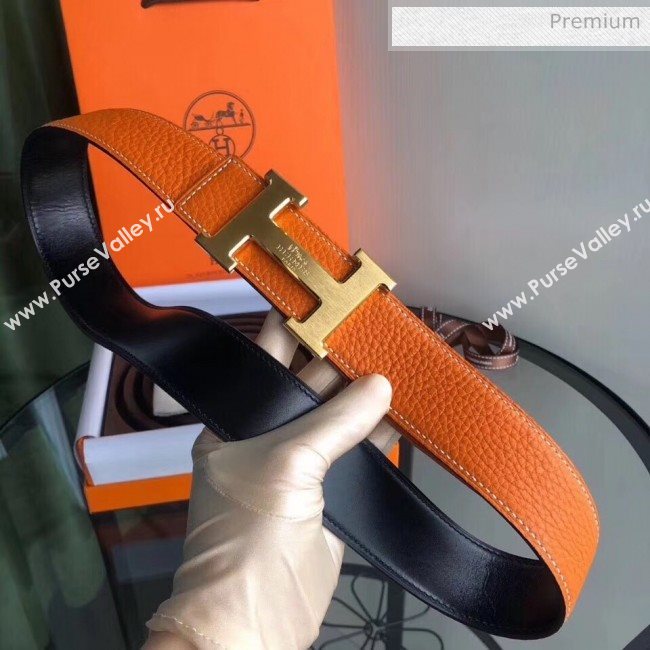 Hermes Width 3.8cm Grainy Calfskin Belt With H Buckle Orange/Black 2020 (99-20050509)