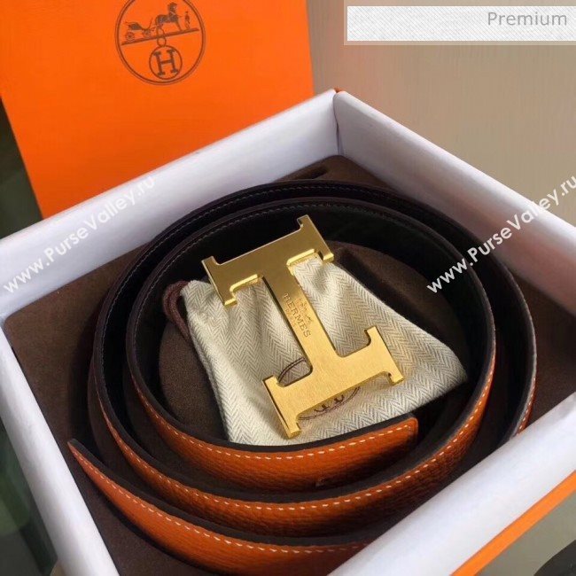 Hermes Width 3.8cm Grainy Calfskin Belt With H Buckle Orange/Black 2020 (99-20050509)