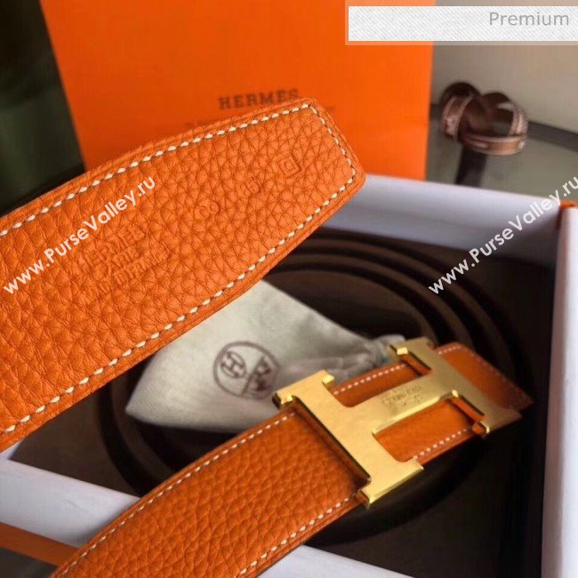 Hermes Width 3.8cm Grainy Calfskin Belt With H Buckle Orange/Black 2020 (99-20050509)