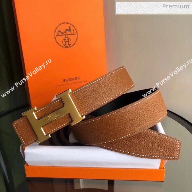 Hermes Width 3.8cm Grainy Calfskin Belt With H Buckle Brown/Black 2020 (99-20050510)