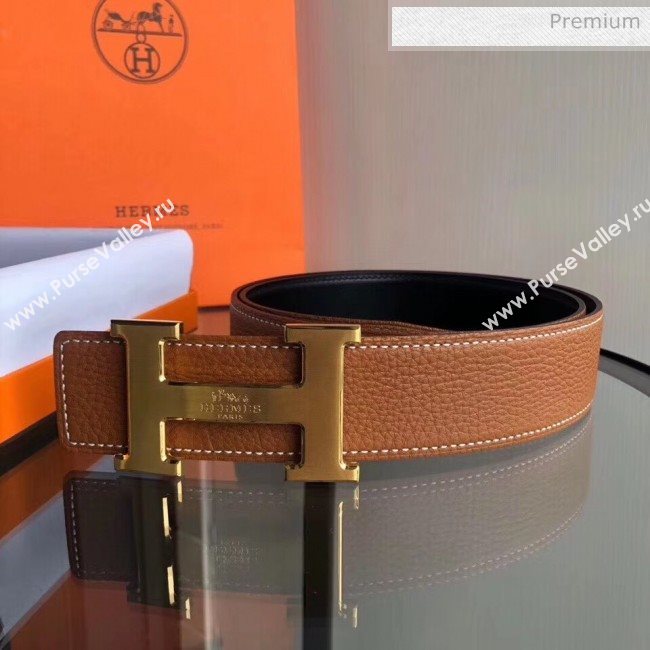 Hermes Width 3.8cm Grainy Calfskin Belt With H Buckle Brown/Black 2020 (99-20050510)