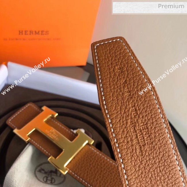 Hermes Width 3.8cm Grainy Calfskin Belt With H Buckle Brown/Black 2020 (99-20050510)