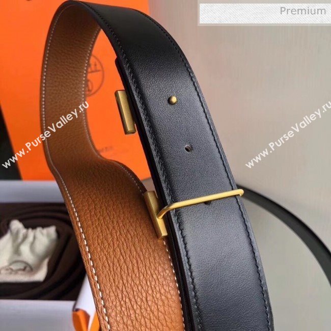 Hermes Width 3.8cm Grainy Calfskin Belt With H Buckle Brown/Black 2020 (99-20050510)