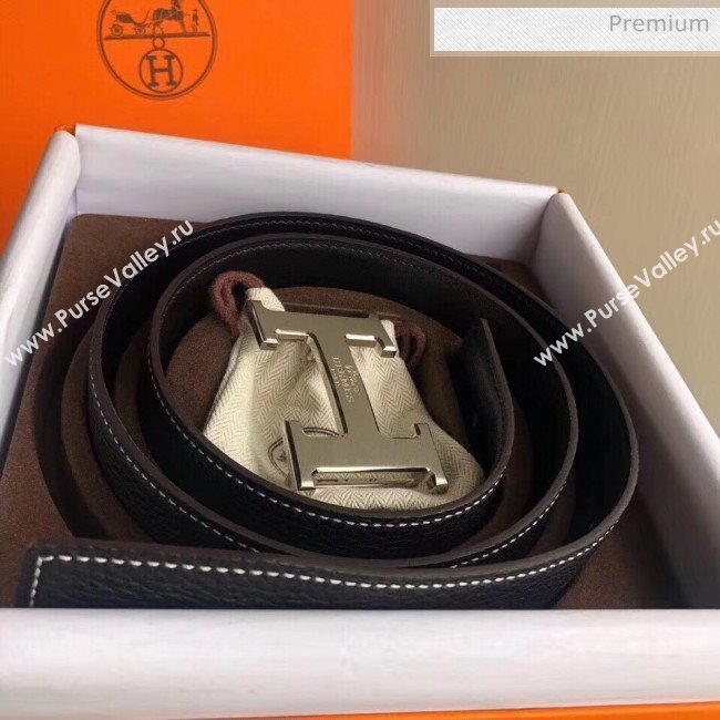 Hermes Width 3.8cm Grainy Calfskin Belt With H Buckle Black 2020 (99-20050514)