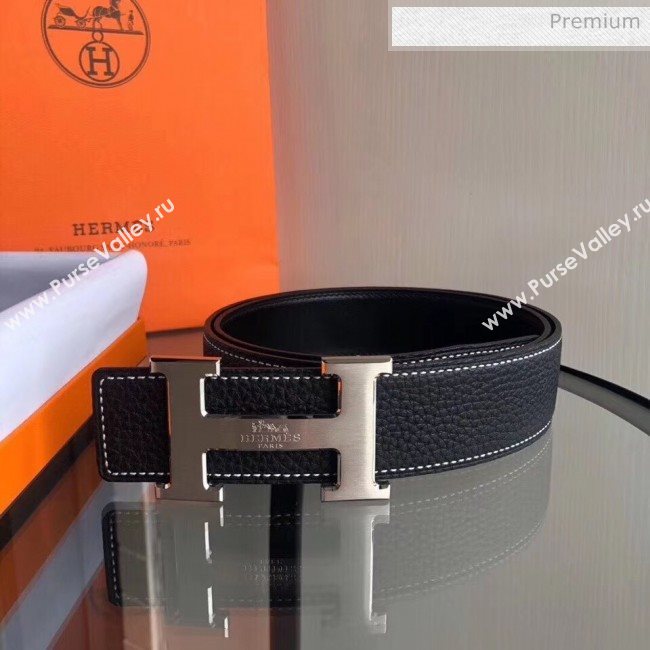 Hermes Width 3.8cm Grainy Calfskin Belt With H Buckle Black 2020 (99-20050514)