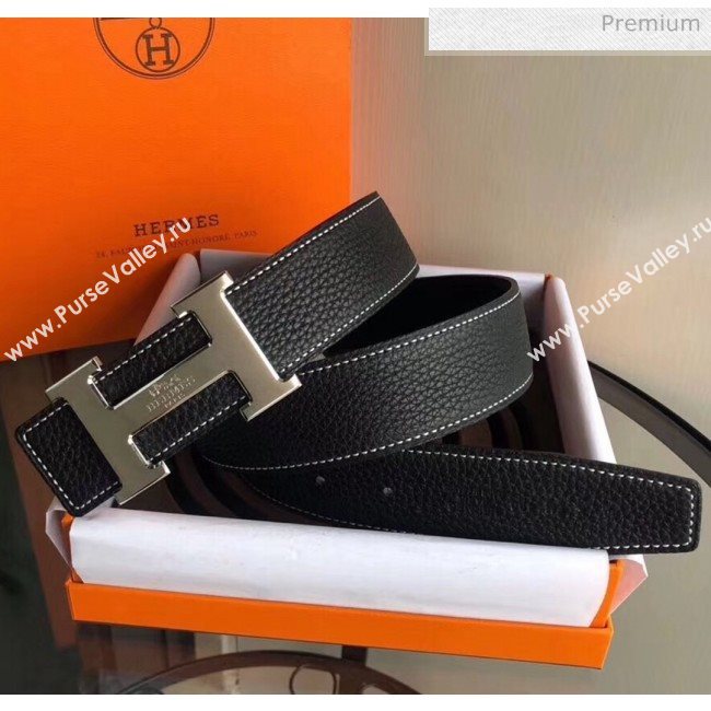 Hermes Width 3.8cm Grainy Calfskin Belt With H Buckle Black 2020 (99-20050514)