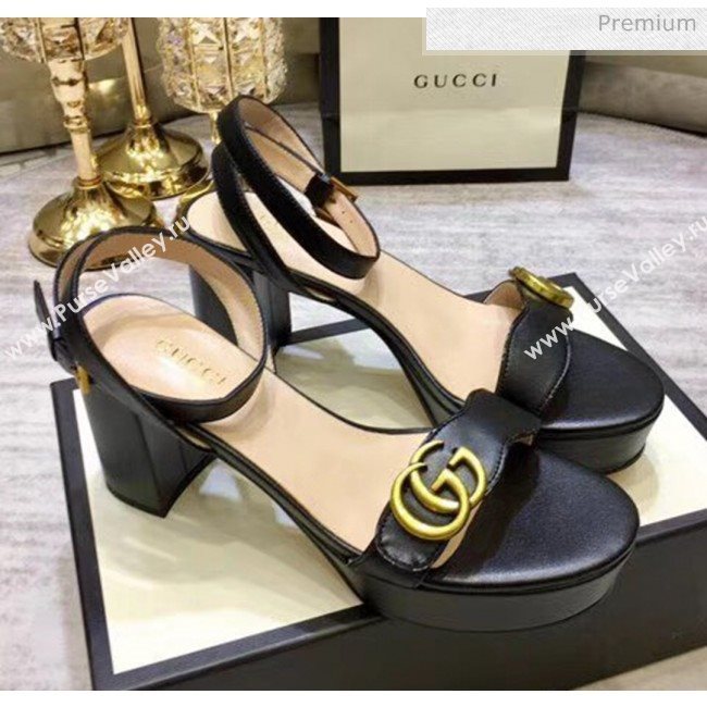 Gucci Leather Platform Sandal with Double G 573022 Black 2020 (KL-20050603)