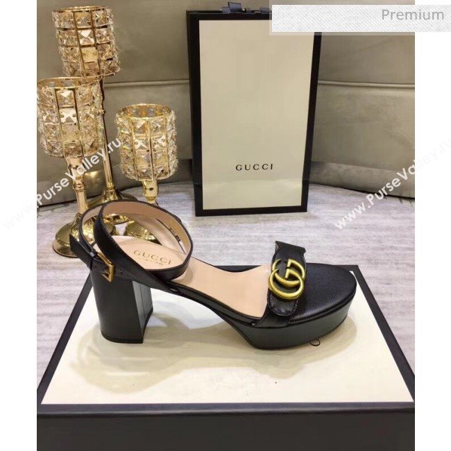 Gucci Leather Platform Sandal with Double G 573022 Black 2020 (KL-20050603)