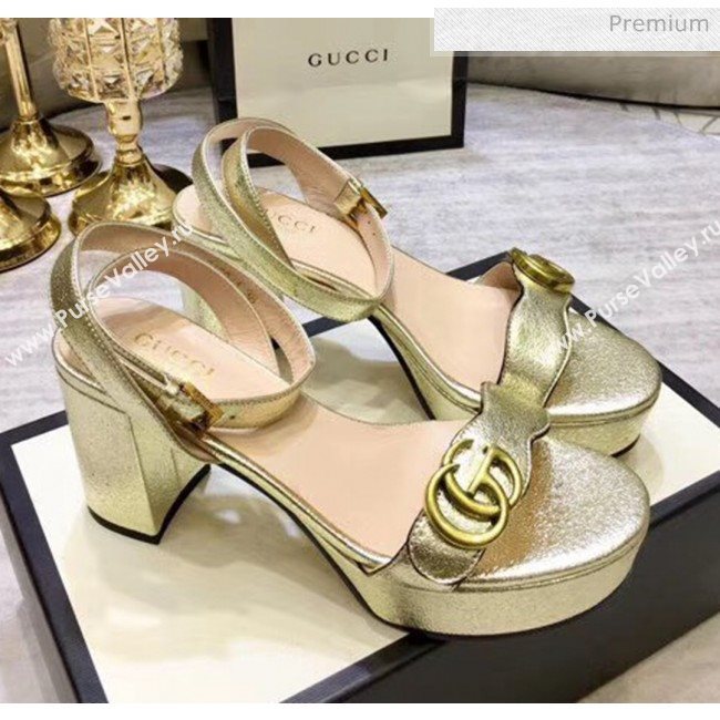 Gucci Leather Platform Sandal with Double G 573022 Light Gold 2020 (KL-20050605)