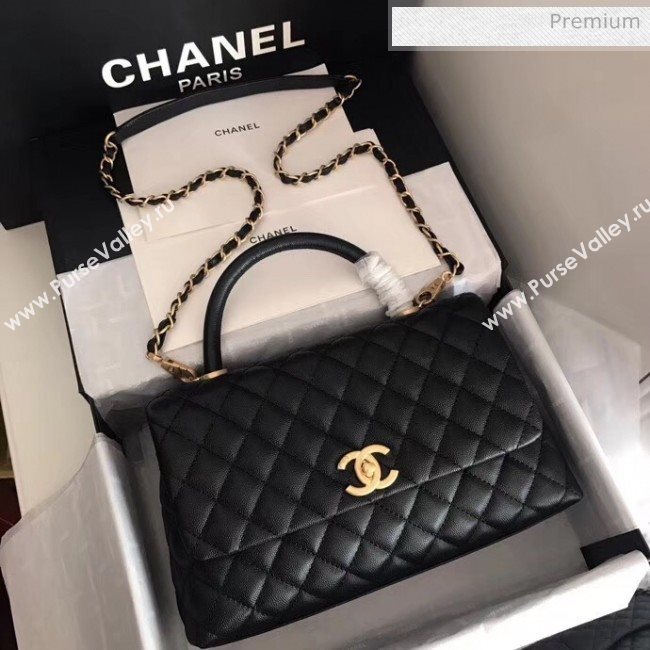 Chanel Grained Calfskin Flap Bag With Top Handle A92991 Blac/Gold 2020 (XIN-20050709)