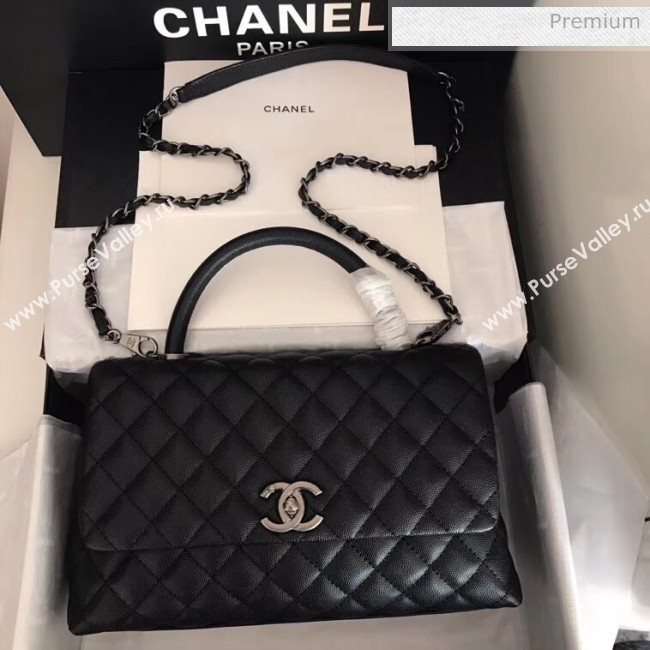 Chanel Grained Calfskin Flap Bag With Top Handle A92991 Black/Silver 2020 (XIN-20050708)