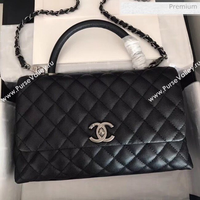 Chanel Grained Calfskin Flap Bag With Top Handle A92991 Black/Silver 2020 (XIN-20050708)