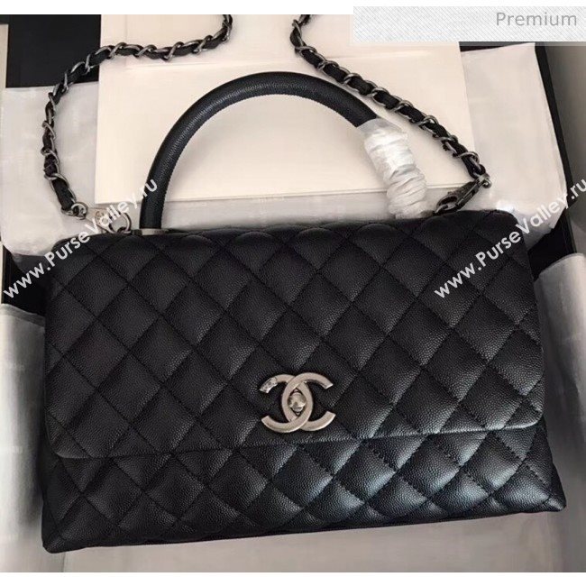 Chanel Grained Calfskin Flap Bag With Top Handle A92991 Black/Silver 2020 (XIN-20050708)