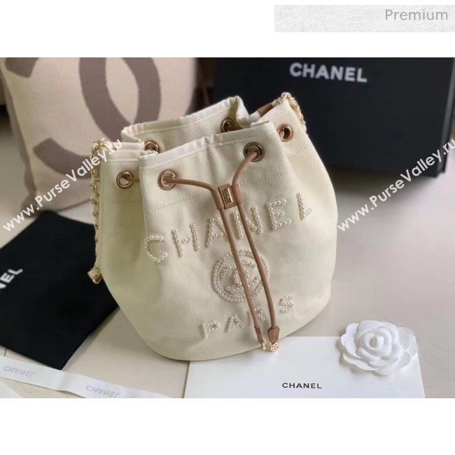 Chanel Mixed Fibers And Imitation Pearls Small Drawstring Bag AS1045 Off-White 2020 (X-20050760)