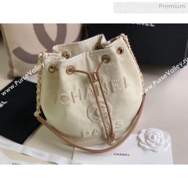 Chanel Mixed Fibers And Imitation Pearls Small Drawstring Bag AS1045 Off-White 2020 (X-20050760)