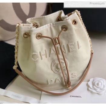 Chanel Mixed Fibers And Imitation Pearls Small Drawstring Bag AS1045 Off-White 2020 (X-20050760)