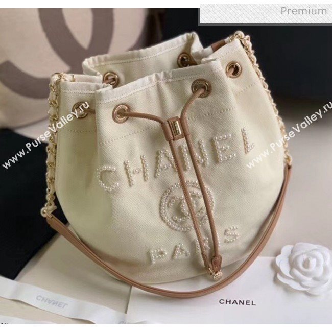 Chanel Mixed Fibers And Imitation Pearls Small Drawstring Bag AS1045 Off-White 2020 (X-20050760)