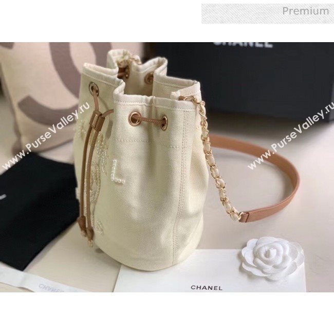 Chanel Mixed Fibers And Imitation Pearls Small Drawstring Bag AS1045 Off-White 2020 (X-20050760)