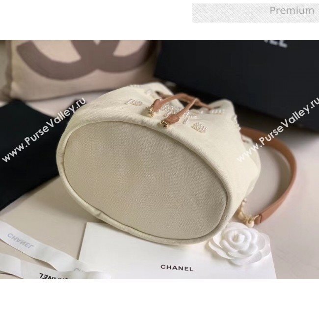 Chanel Mixed Fibers And Imitation Pearls Small Drawstring Bag AS1045 Off-White 2020 (X-20050760)