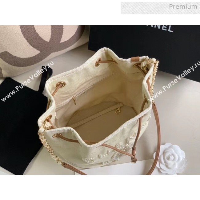 Chanel Mixed Fibers And Imitation Pearls Small Drawstring Bag AS1045 Off-White 2020 (X-20050760)