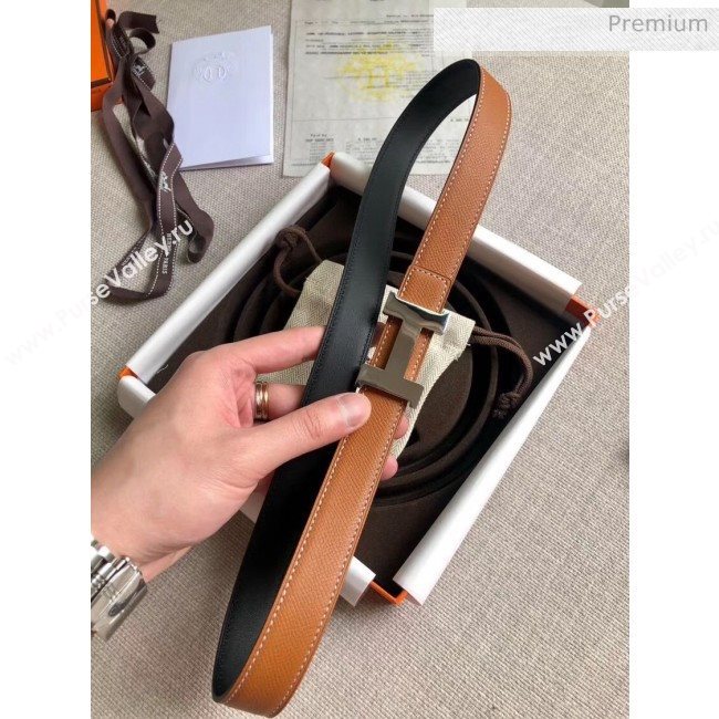 Hermes Width 2.4cm Grained Calfskin Reversible Belt Black/Brown 2020 (PJ-20050801)