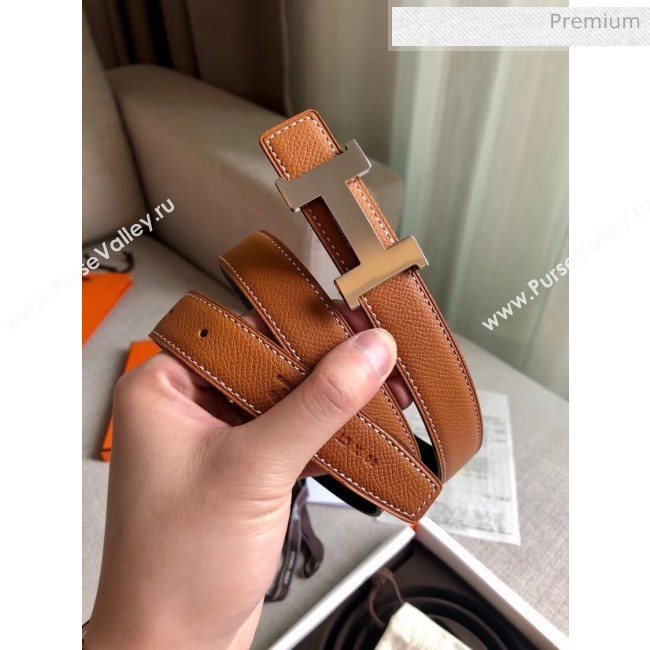 Hermes Width 2.4cm Grained Calfskin Reversible Belt Black/Brown 2020 (PJ-20050801)