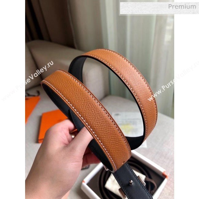 Hermes Width 2.4cm Grained Calfskin Reversible Belt Black/Brown 2020 (PJ-20050801)