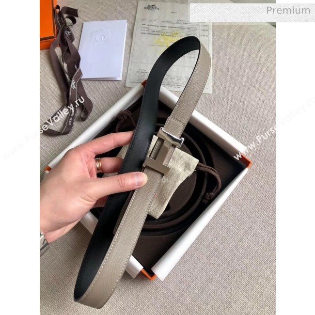 Hermes Width 2.4cm Grained Epsom Calfskin Reversible Belt Grey/Silver 2020 (PJ-20050848)