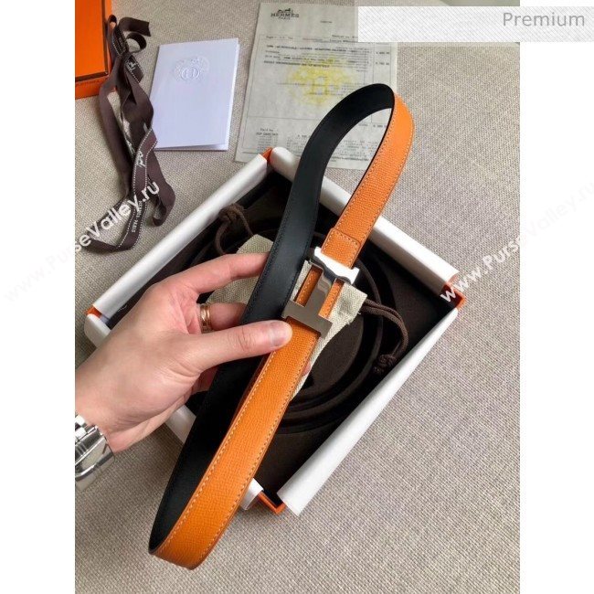 Hermes Width 2.4cm Grained Epsom Calfskin Reversible Belt Orange/Silver 2020 (PJ-20050845)