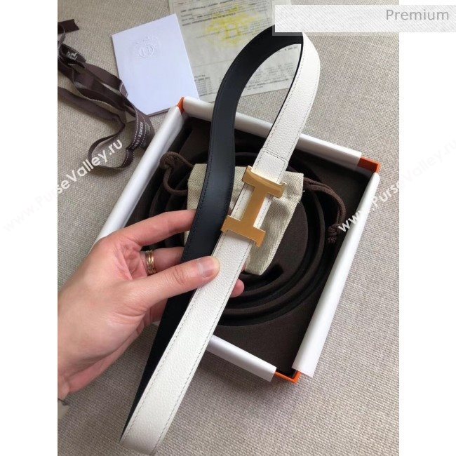 Hermes Width 2.4cm Grained Calfskin Reversible Belt White/Gold 2020 (PJ-20050849)