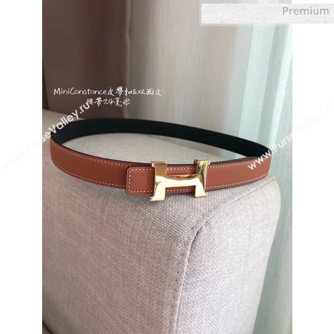 Hermes Width 2.4cm Grained Calfskin Reversible Belt Brown/Gold 2020 (PJ-20050857)