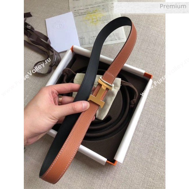 Hermes Width 2.4cm Grained Calfskin Reversible Belt Brown/Gold 2020 (PJ-20050857)
