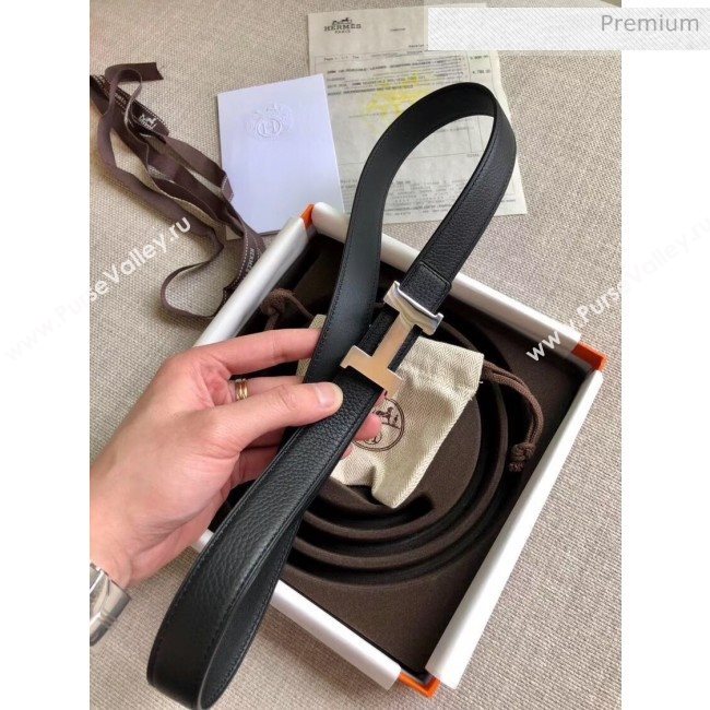 Hermes Width 2.4cm Grained Calfskin Reversible Belt Black/Silver 2020 (PJ-20050853)