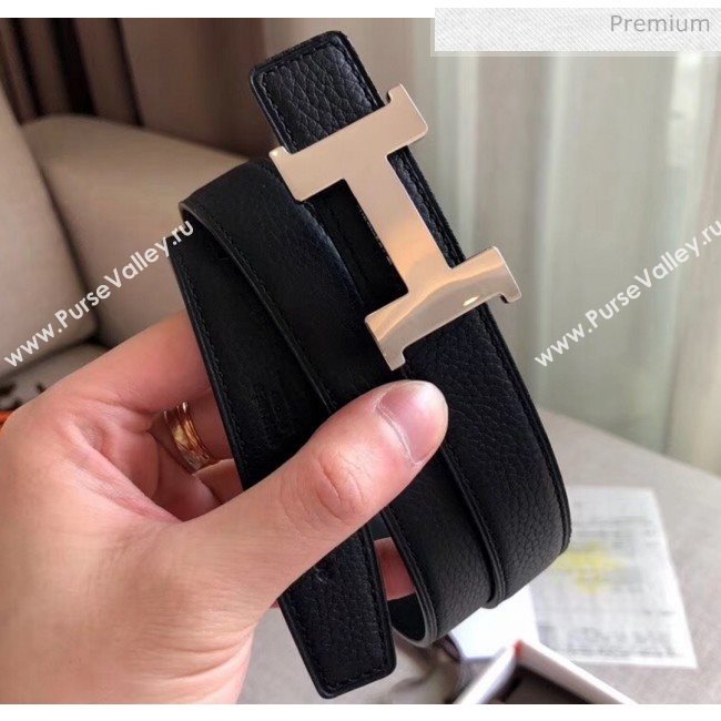 Hermes Width 2.4cm Grained Calfskin Reversible Belt Black/Silver 2020 (PJ-20050853)