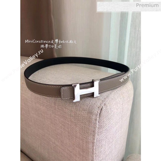 Hermes Width 2.4cm Grained Calfskin Reversible Belt Grey/Silver 2020 (PJ-20050852)