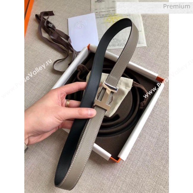 Hermes Width 2.4cm Grained Calfskin Reversible Belt Grey/Silver 2020 (PJ-20050852)