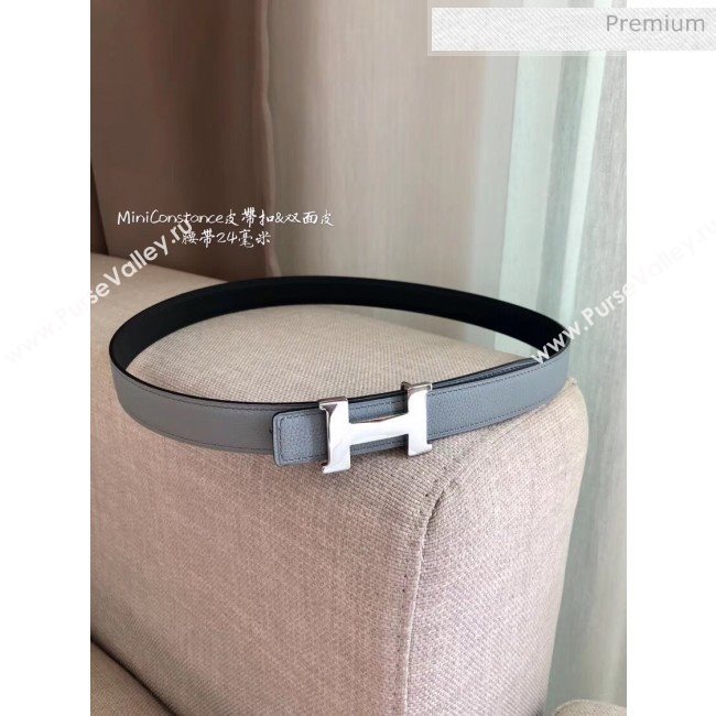 Hermes Width 2.4cm Grained Calfskin Reversible Belt Pale Blue/Silver 2020 (PJ-20050858)