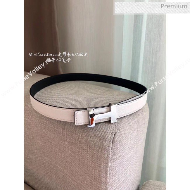 Hermes Width 2.4cm Grained Calfskin Reversible Belt White/Silver 2020 (PJ-20050850)