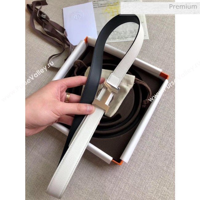 Hermes Width 2.4cm Grained Calfskin Reversible Belt White/Silver 2020 (PJ-20050850)