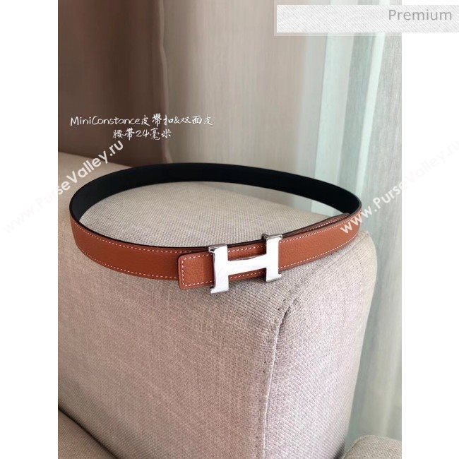 Hermes Width 2.4cm Grained Calfskin Reversible Belt Brown/Silver 2020 (PJ-20050856)