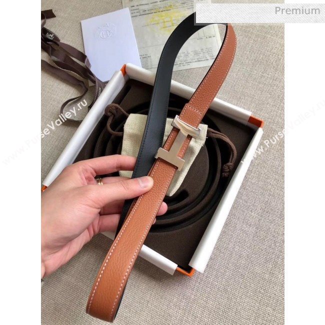Hermes Width 2.4cm Grained Calfskin Reversible Belt Brown/Silver 2020 (PJ-20050856)