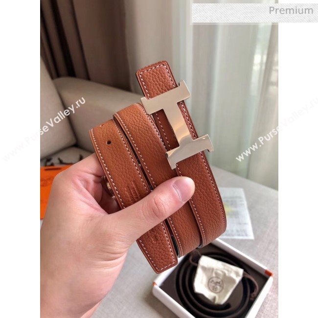 Hermes Width 2.4cm Grained Calfskin Reversible Belt Brown/Silver 2020 (PJ-20050856)