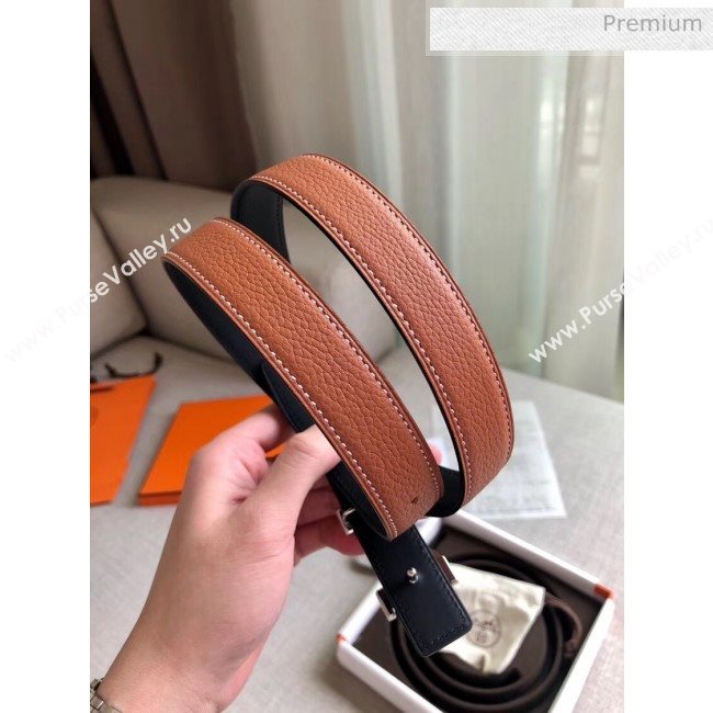 Hermes Width 2.4cm Grained Calfskin Reversible Belt Brown/Silver 2020 (PJ-20050856)