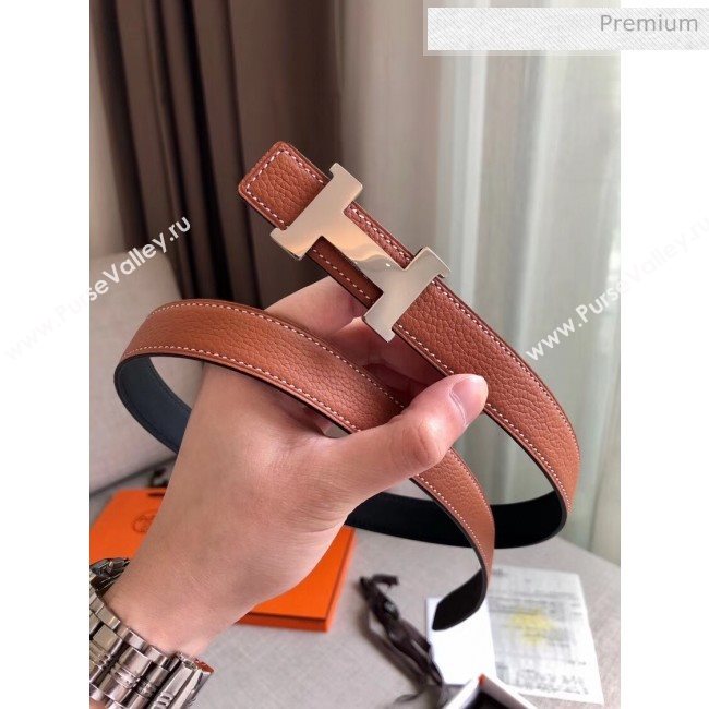 Hermes Width 2.4cm Grained Calfskin Reversible Belt Brown/Silver 2020 (PJ-20050856)