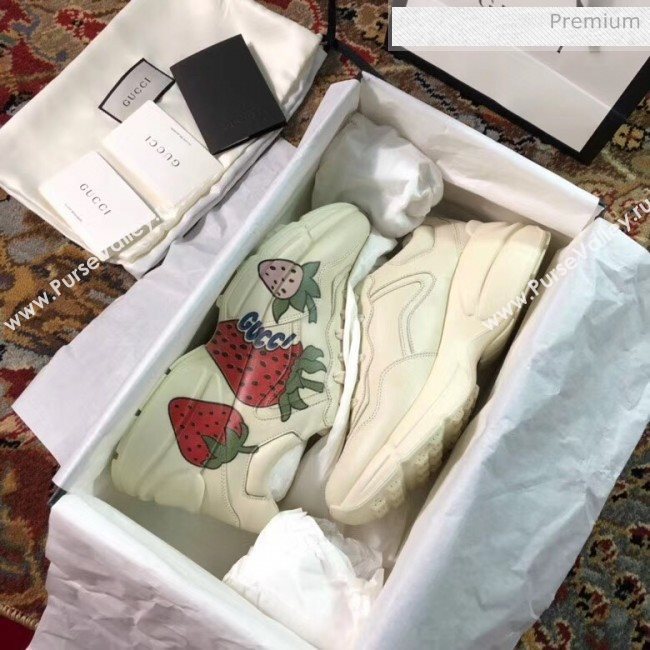 Gucci Rhyton Strawberry Print Leather Sneakers 523609 White 2019(For Women and Men) (EM-20050904)