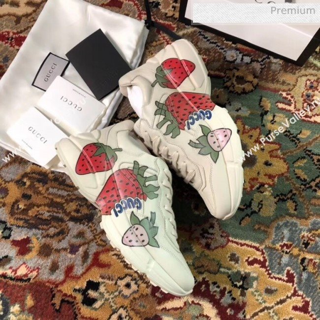 Gucci Rhyton Strawberry Print Leather Sneakers 523609 White 2019(For Women and Men) (EM-20050904)