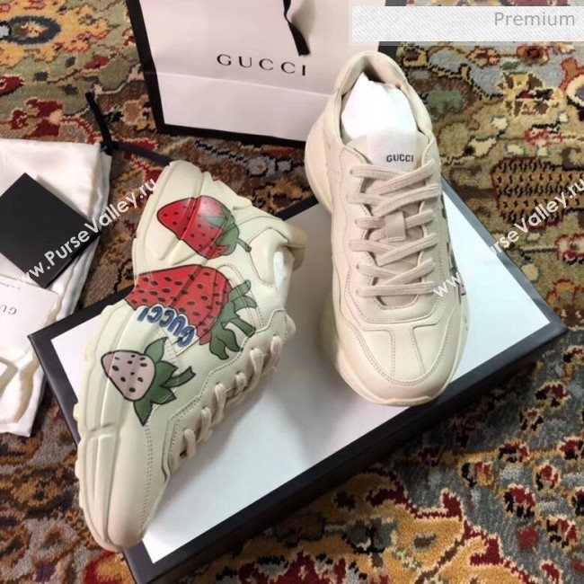 Gucci Rhyton Strawberry Print Leather Sneakers 523609 White 2019(For Women and Men) (EM-20050904)